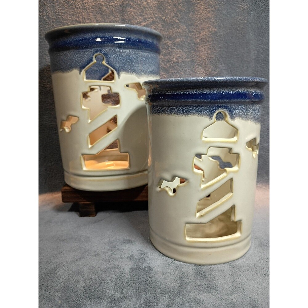 Retired Yankee Candle Lighthouse Ceramic Candle Holder Set Coastal Nautical Blue - Picture 15 of 16